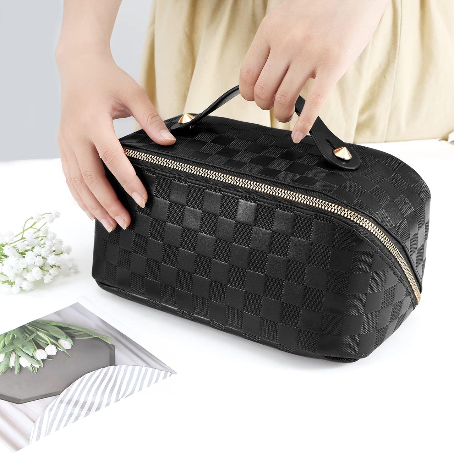 ALEXTINA Large Capacity Travel Cosmetic Bag - Portable Makeup Bags for Women Travel Toiletry Bag Waterproof Leather Checkered Makeup Organizer Bag for Travel Essentials, Open Flat Make up Bag, Black