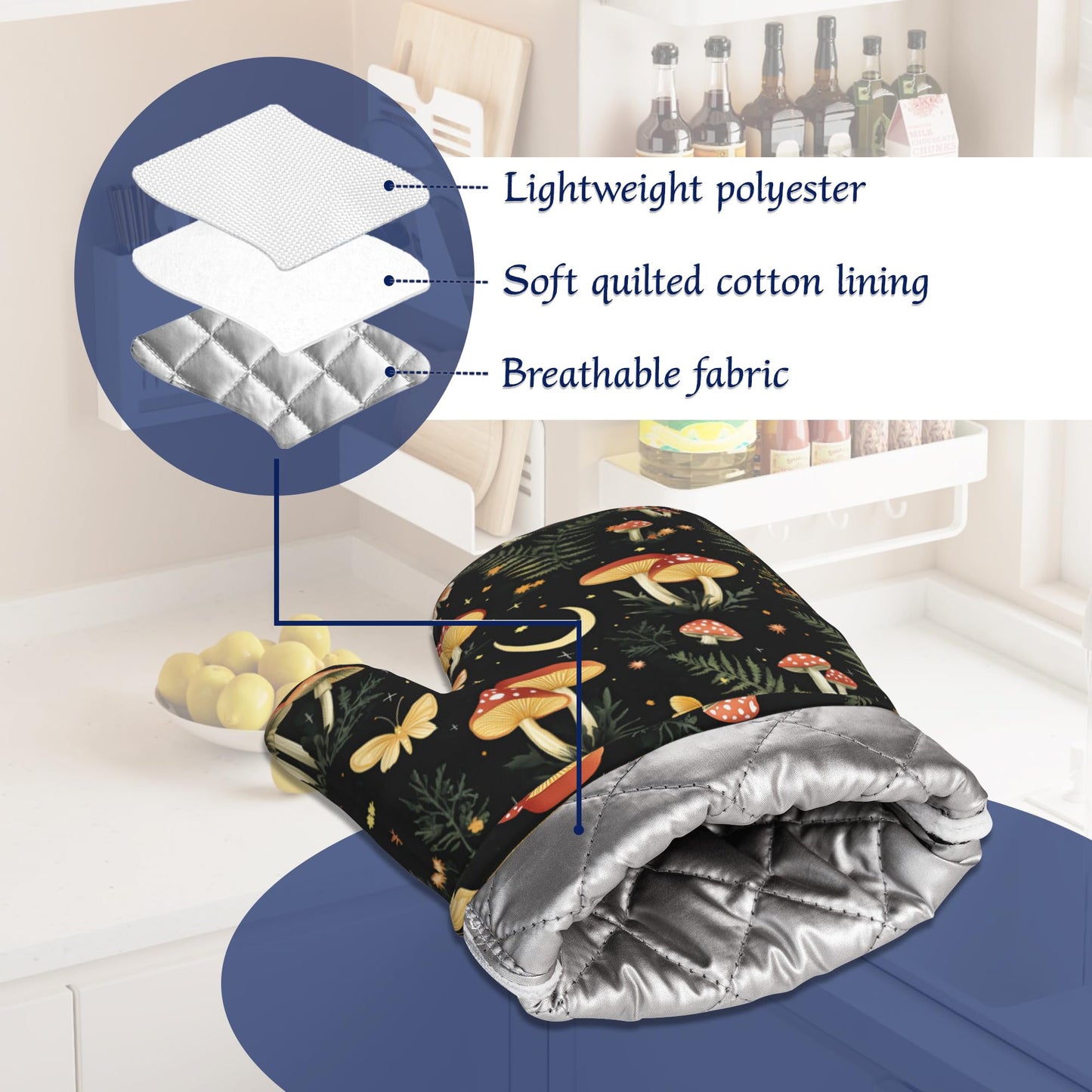 Boho Mushrooms Oven Mitts and Pot Holders Sets of 4 Wildflowers Butterfly Heat Resistant Silicone Oven Mits Gloves Non-Slip Kitchen Mittens Potholders for Cooking Baking Grilling BBQ