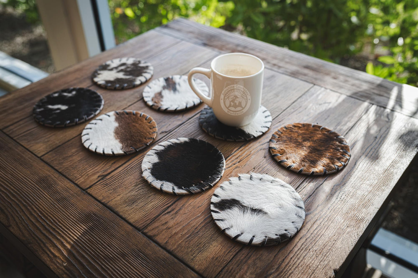 Sunshine Cowhides Natural Cowhide Coaster - 4.5" Round Assorted Tones Genuine Leather Coasters for Coffee Table, & Dining Tables, Ideal Cow Print Kitchen Accessories for Home & Office - Set of 8