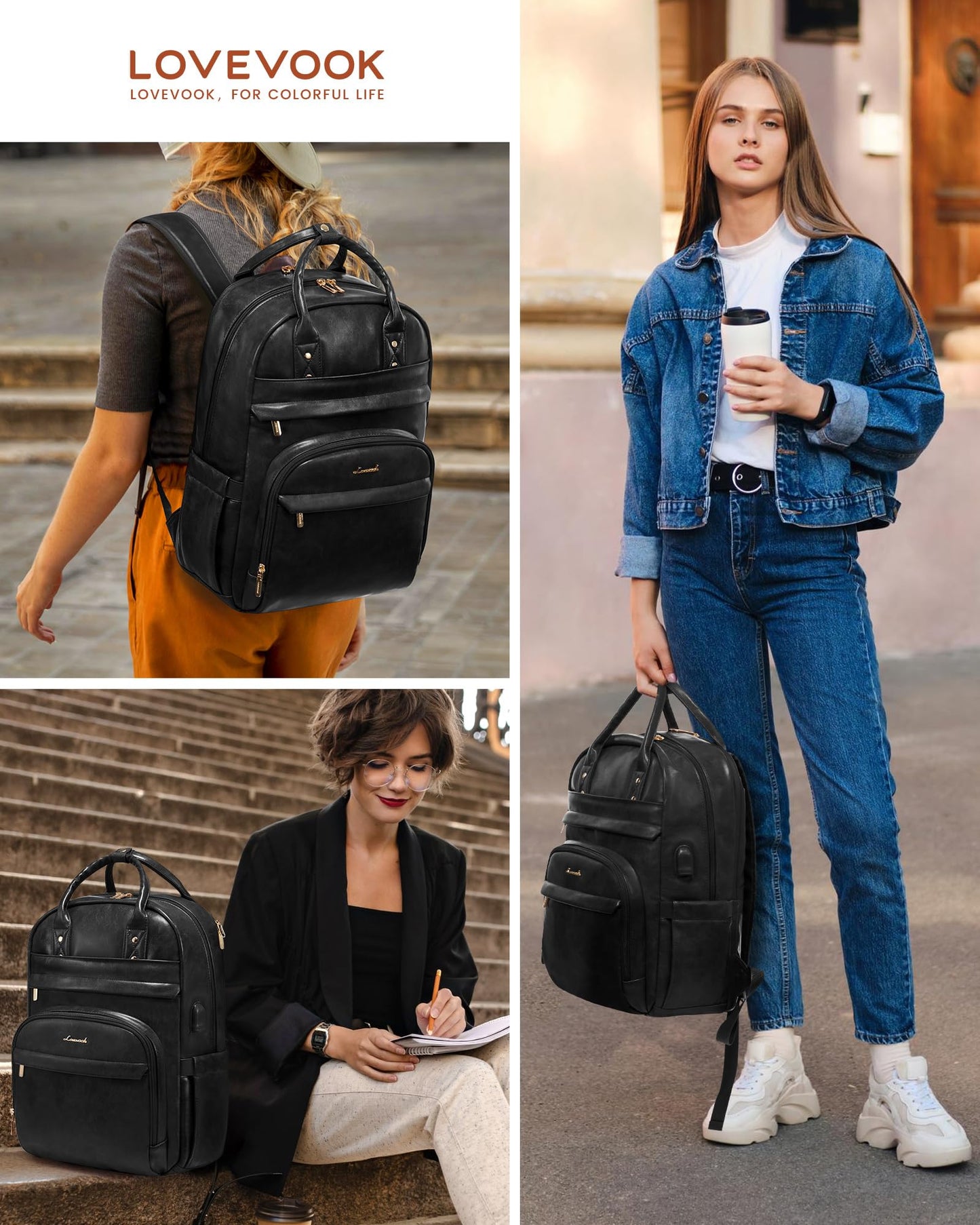 LOVEVOOK Vintage PU Leather 15.6 inch Women's Laptop Backpack, Black, 25L, Water Resistant, USB Charging Port