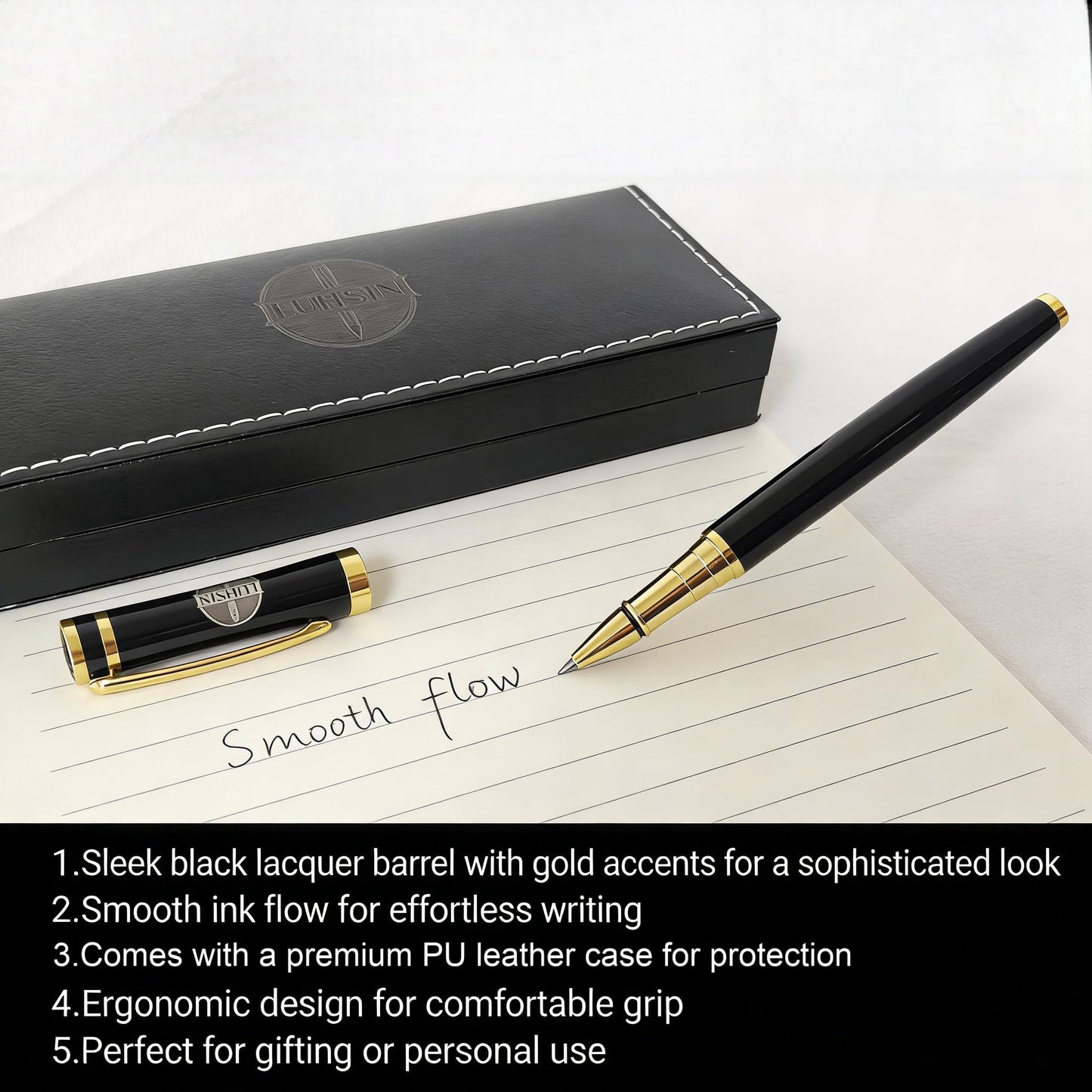 LUHSIN Rollerball Pen Black Lacquer - Premium Luxury Writing Pens for Men Women, Retro Ballpoint Pen with Smooth Ink, Executive Business Signature Pen, Professional Office Gift Pen Set (Black)
