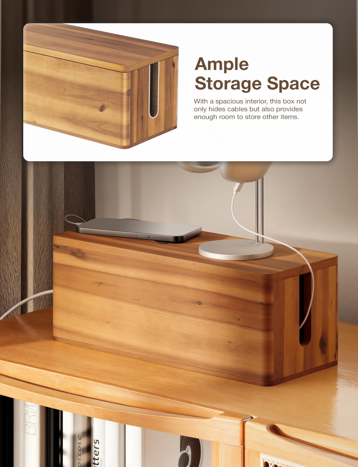 TIDITA Acacia Wood Cable Management Box Round Edge - 16" L Wooden Cable Organizer Box for Electrical Hiding Cord Management - Power Strip Hider Cable Storage Box for Office, Router Wires, Under Desk
