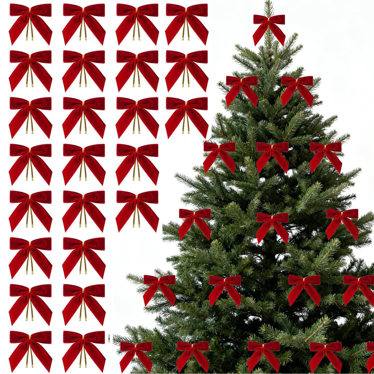 24 Pcs Red Small Velvet Christmas Bows for Christmas Tree Decorations, 3.5 Inch Xmas Velvet Ribbon Bow Ornaments for Christmas Farmhouse Tree Wreath Garland DIY Craft Gift Wrapping Decorative, 1" W