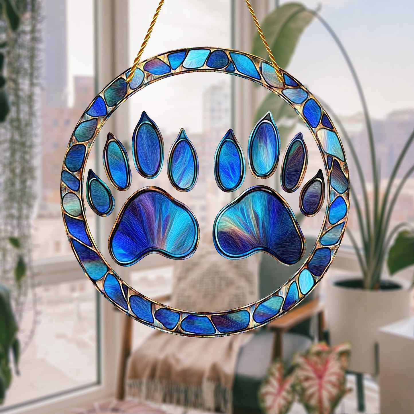 8x8 inch Charming Dog Paw Print Acrylic Stained Glass Window Hanging Sun Catcher Decor Stained Panel Hangings Wall Art Decor, for Friends and Family (Paw Print)
