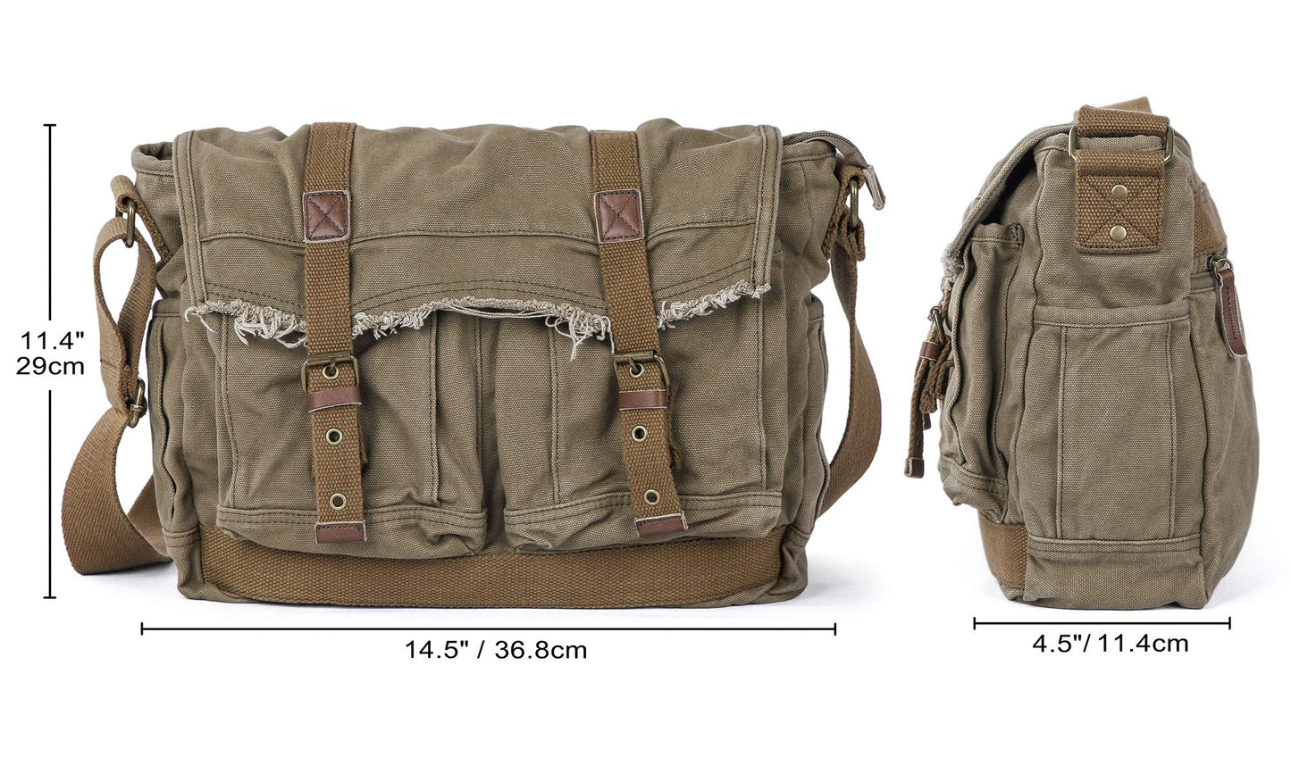 GOOTIUM Canvas Messenger Bag - Vintage Shoulder Bag Frayed Style Boho Purse, Field Tan