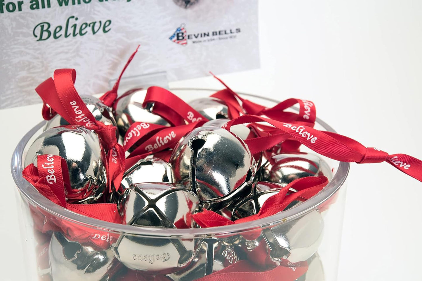 Bevin Bells Believe Sleigh Bells Ornament (3-Pack) | 1.5" Made of Steel | Hanging Bells with a Red Satin Believe Ribbon & Red Velvet Bag | Great Tone | Xmas Gift or Stocking Stuffer | Made in USA