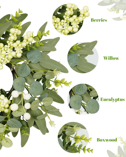 DDHS 2 Packs Small Eucalyptus Wreaths, 12 Inch Artificial Mini Green Wreath with Berries, Small Boxwood Leaves Wreaths for Indoor Outdoor Hanging Farmhouse Wall Window Wedding Decor