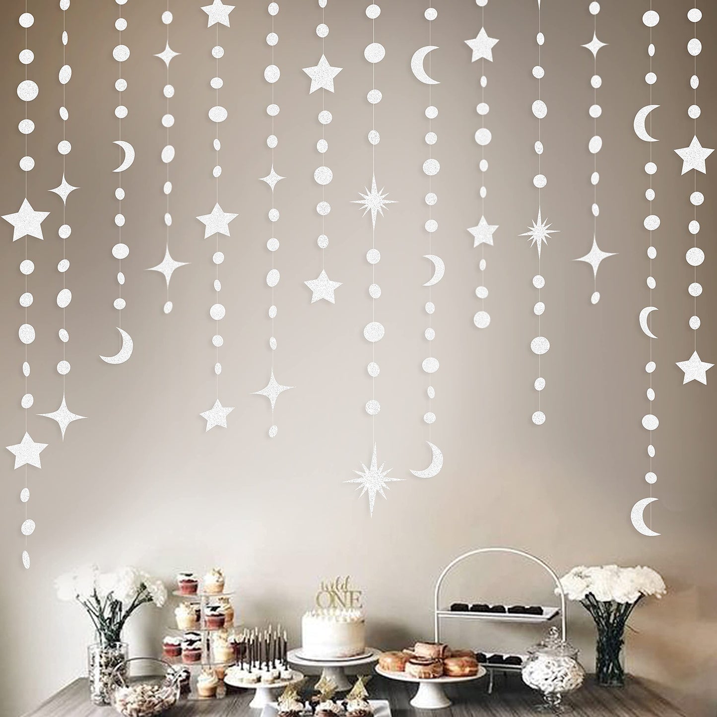 White Star Moon Circle Dot Garland Party Decoration Hanging Crescent Twinkle Little Star Streamer Bunting Banner for Wedding Engagement Anniversary Bridal Shower Kids Birthday Baby Shower Decor