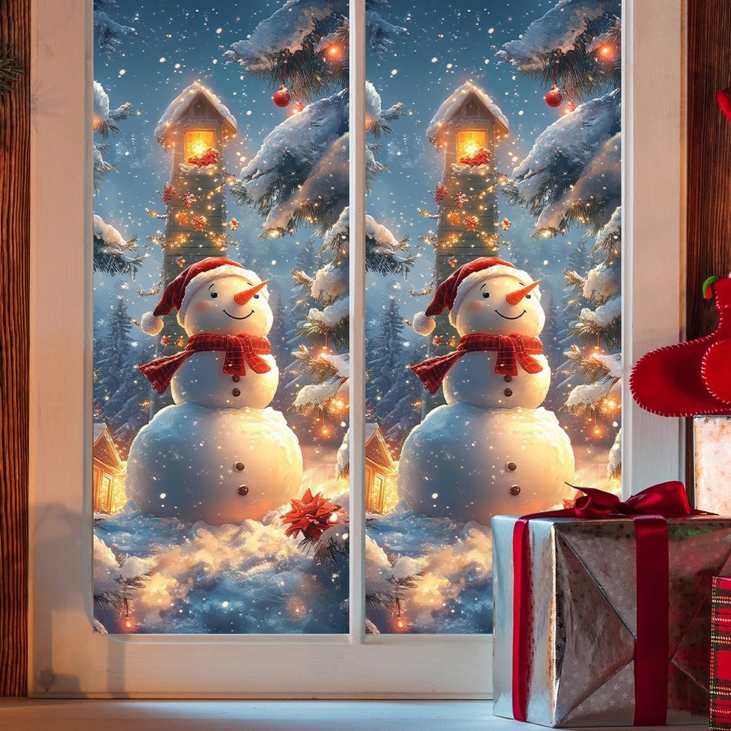 Christmas Window Film Snowman Stained Window Film Decorative Privacy Window Clings for Glass Covering Static Stickers Christmas Snowman Windows Cling for Xmas Home Window & Glass Door Decor