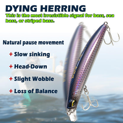 MYSOAS Jerkbait Fishing Lure Minnow 119S, Slow Sinking Saltwater Surf Fishing Lures with Tungsten Weight, Long Cast System, Through-Wire Construction, BKK 4X Hooks, for Halibut Striped Bass Surf Perch
