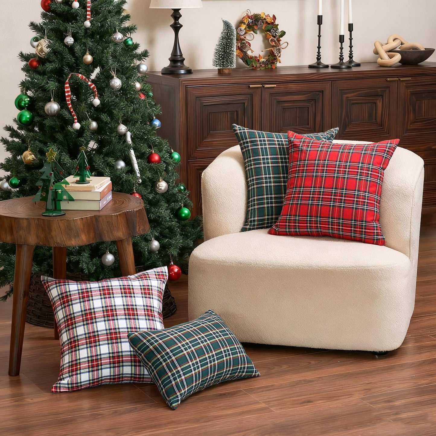 CARRIE HOME Christmas Scottish Tartan Plaid Pillow Covers 18x18 Red and Green Plaid Outdoor Pillows Set of 2 Christmas Decor for Living Room