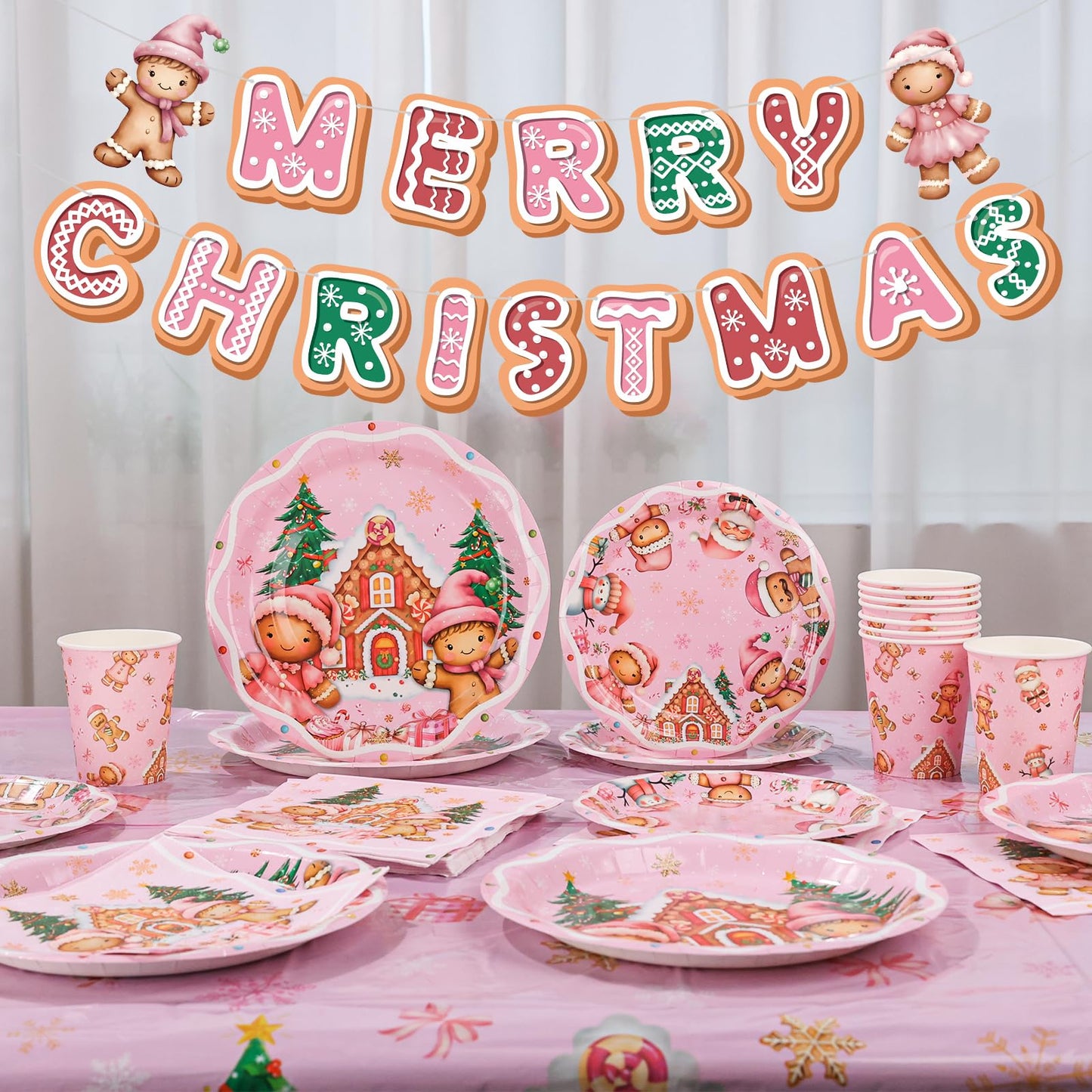 Arosche Christmas Gingerbread Party Decorations Set for 24-Disposable Paper Plates and Napkins, Cups, Garland, Tablecloths, Merry Christmas Party Supplies for Xmas Winter Birthday Table Decor