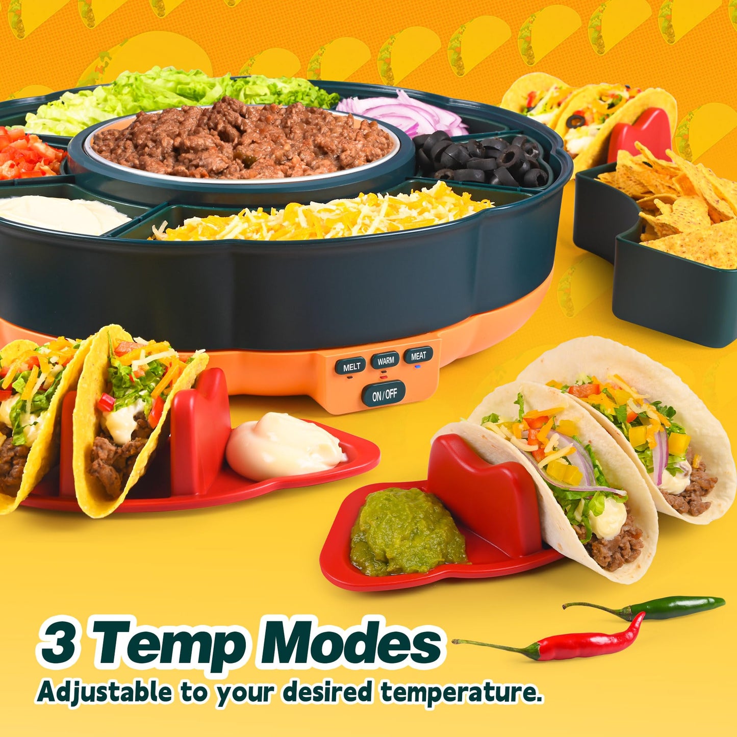 Taco Tuesday Kit, Taco Bar Serving Set for a Party with 3-Temp Control, 33oz Heated Pot, 6 Removable Trays & 4 Taco Holders, Lazy Susan Taco Bar for Burritos, Nachos, and Fajitas, Christmas Gift
