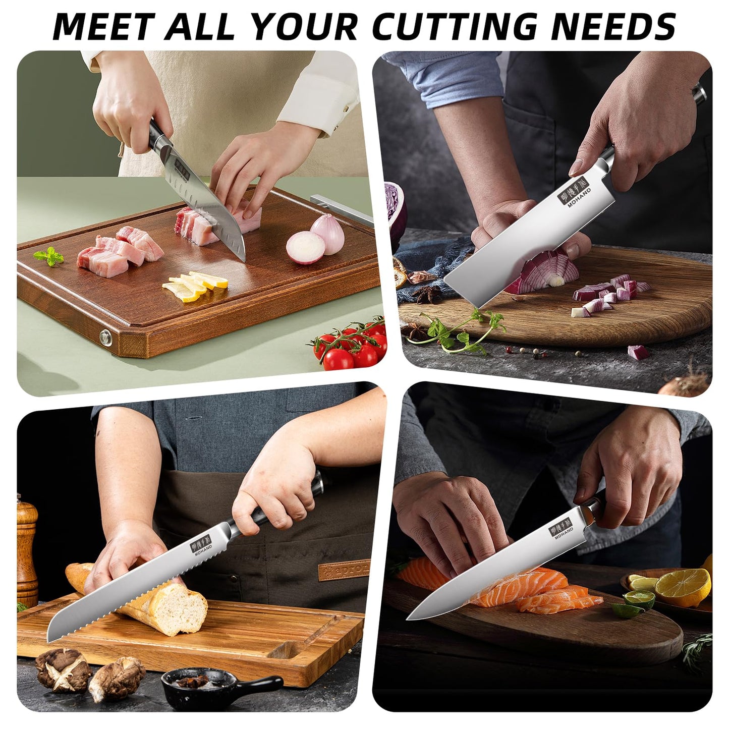 MDHAND Chef Knife Set with Roll Bag, 9PCS Professional Knife Sets with Sharpener, High Carbon Stainless Steel Japanese Kitchen Knives - Black Pakkawood Handle, Dishwasher Safe, For Cooking, Chef Gifts