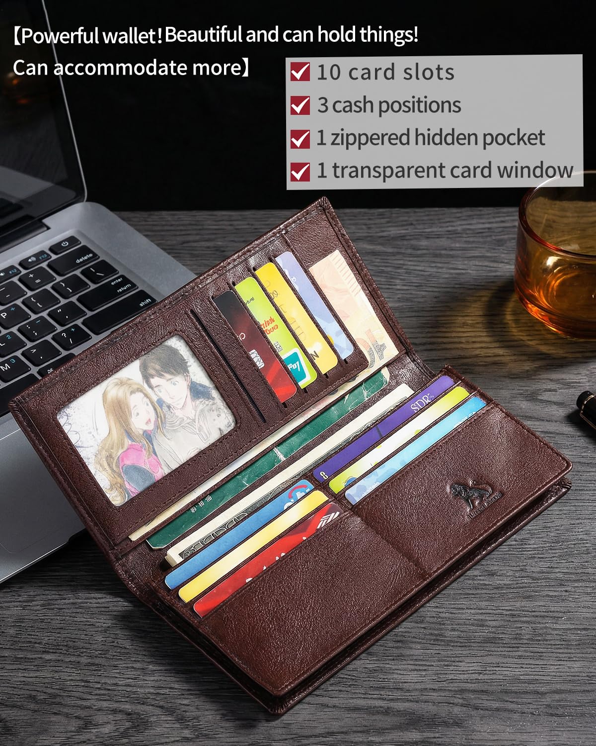 STEELLION Unisex Vintage Leather Long Bifold Wallet - RFID Blocking Billfold with ID Window & Multi-Card Slots - Genuine Cowhide Cash & Receipt Organizer for Travel (91644-Coffee)
