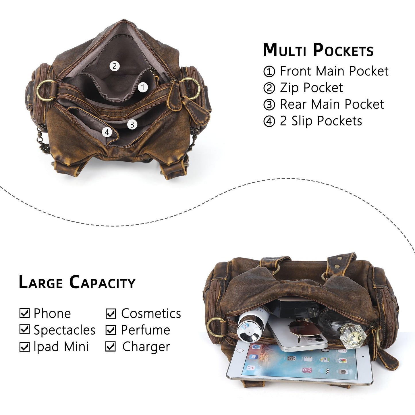 Angel Kiss Purses for Women Small Hobo Shoulder Bags Vagen Leather Multi-Pocket Tote Bag with Zipper (Retro Brown)