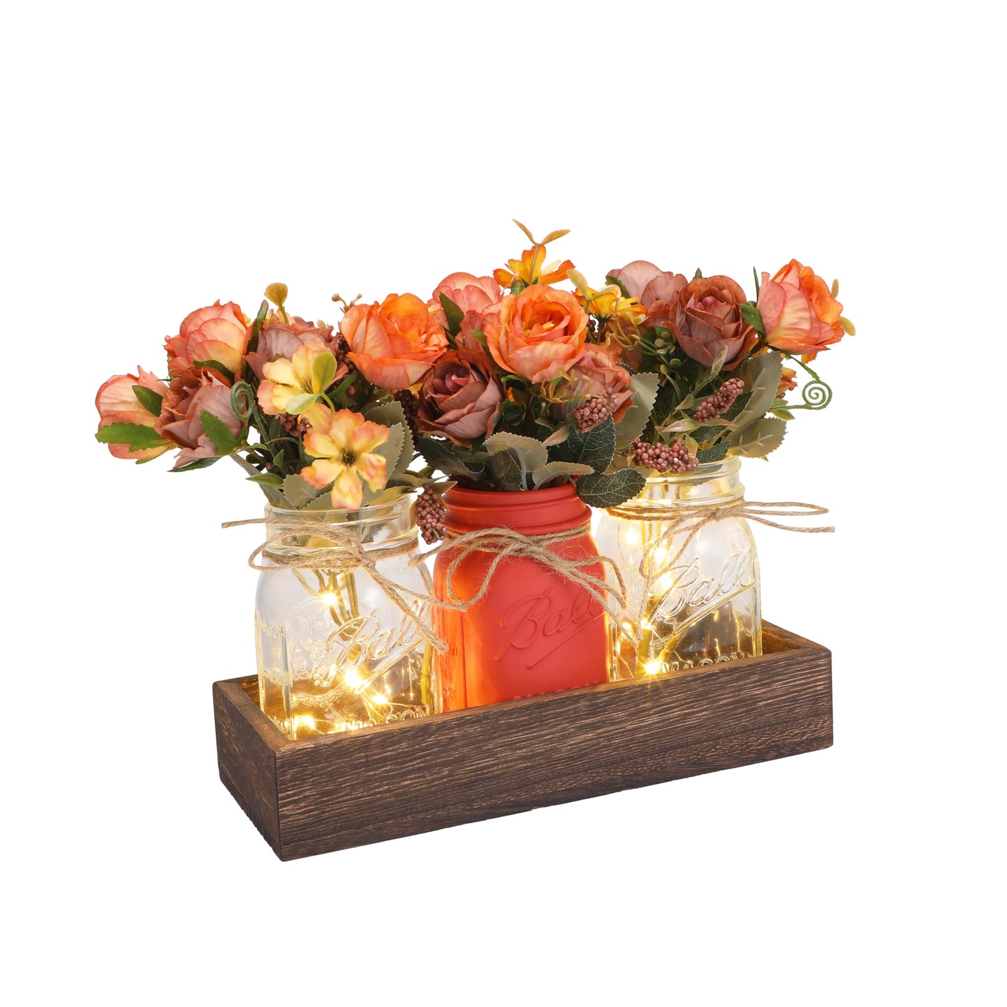 Infinideck Mason Jar Table Centerpiece Decor with Lights, Wood Tray & 3 Artificial Flowers - Farmhouse Table Decor for Dining Room, Living Room, Kitchen, Coffee Table