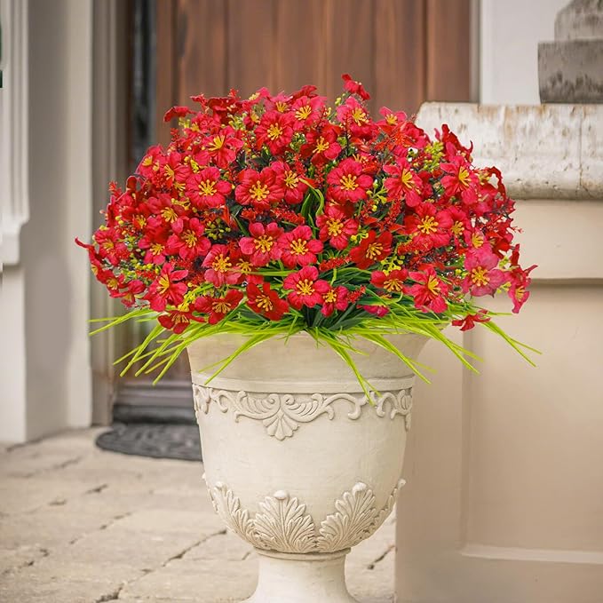 36pcs Faux Plants Outdoor, Uv Resistant Artificial Plants Outdoor Fake Flowers Plants Plastic Greenery Shrubs for Outside Window Box Garden Patio Porch Home Decor (Mixed Red)