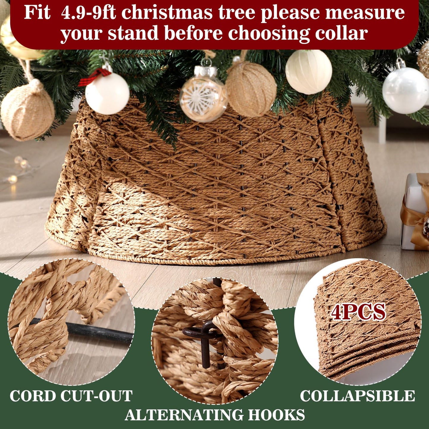 Poen Woven Rattan Christmas Tree Collar, Neutral Wicker Tree Skirt, Rustic Farmhouse Christmas Stand Base Cover Decor Handmade X-Shape Weave Design(Khaki,24 Inch)