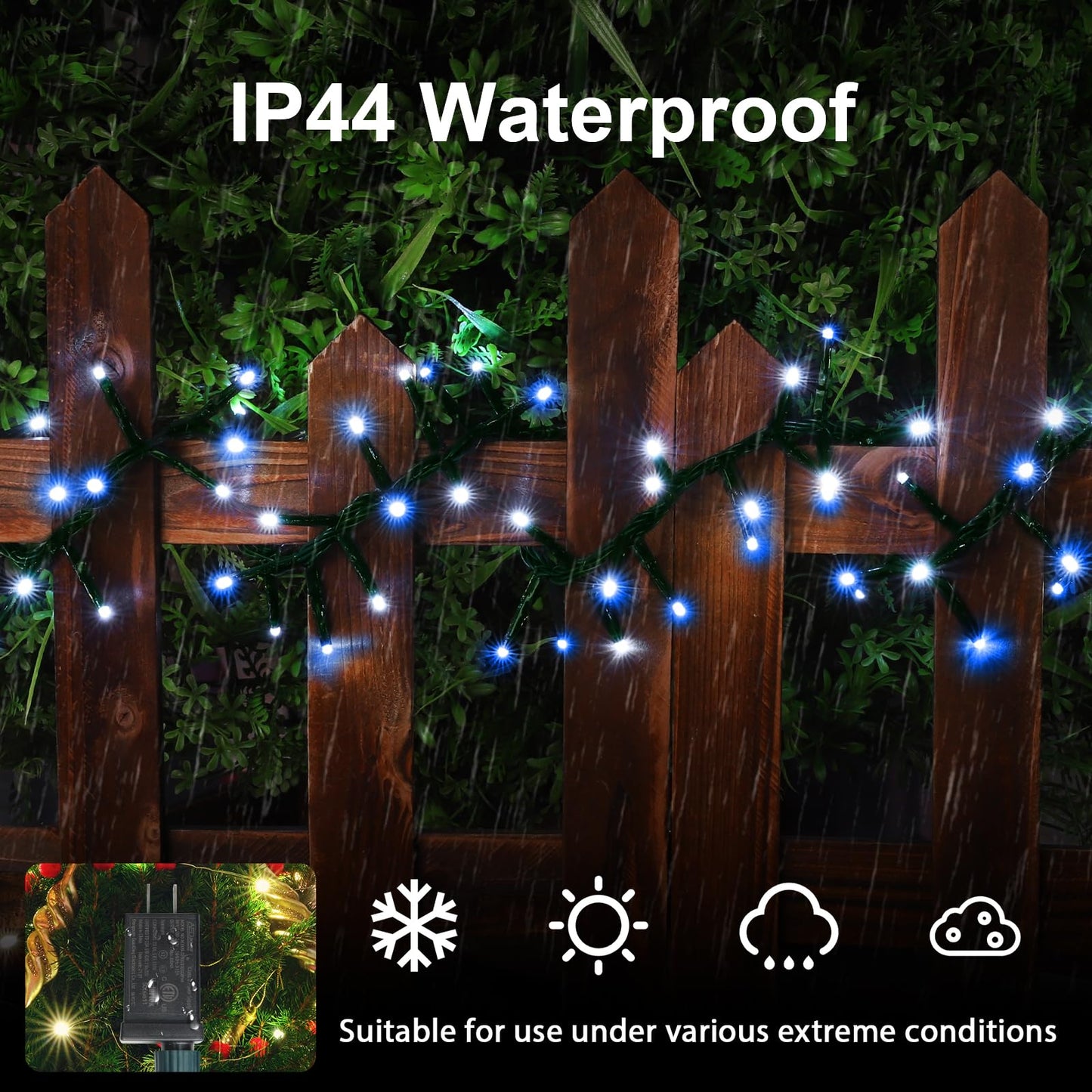 LAMPHOME 500 LED Blue White String Lights, 46ft 16 Modes Plug in Twinkle Fairy Lights, Waterproof Blue LED Christmas Lights Outdoor for Christmas Tree Bedroom Party Wedding Decor