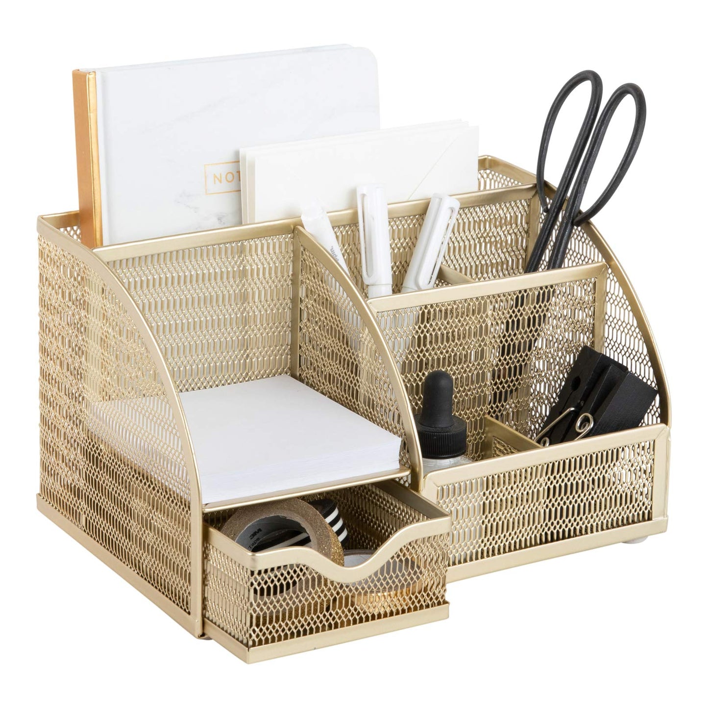 BLU MONACO | Gold Desk Organizer with Drawer | Metal Desktop Caddy with Six Compartments for Office Supplies | Stylish Desk Organizers and Accessories for Home or Office