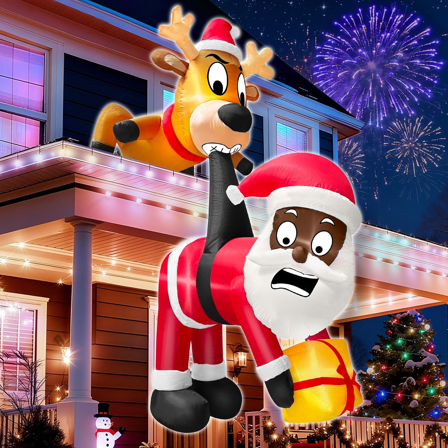 6 Ft Christmas Inflatable Reindeer & Climbing Black Santa Claus, Funny Hanging Outdoor Decoration with Built-in LED Light, Christmas Blow Up Yard Decor for Beam Roof Tree Indoor Home Party Lawn Decor