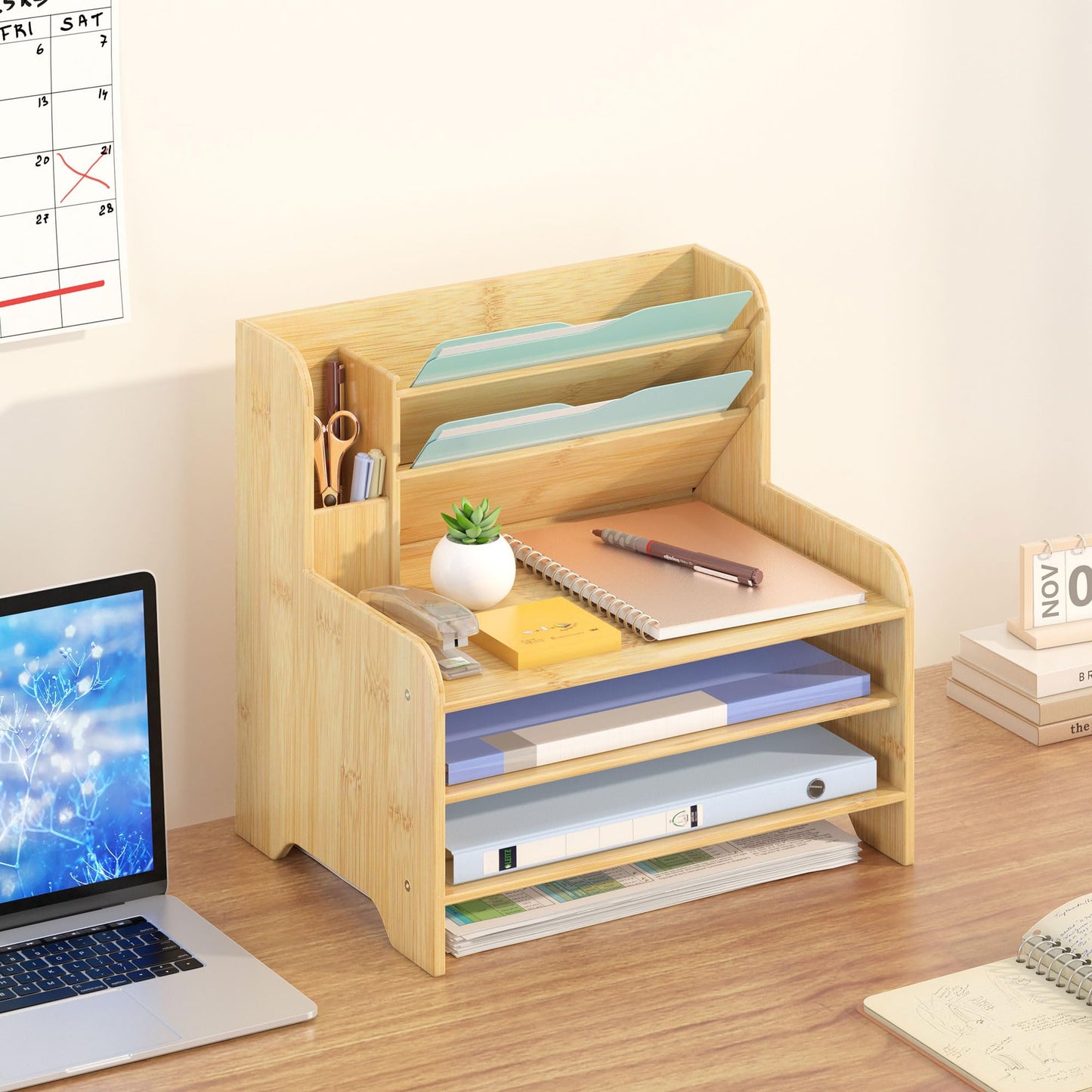 Wisuce Essentials Bamboo Desk Organizer Mail Holder Countertop Letter Tray File Organizer for Desk Letter Sorter Paper File Storage for School Home Office Supplies