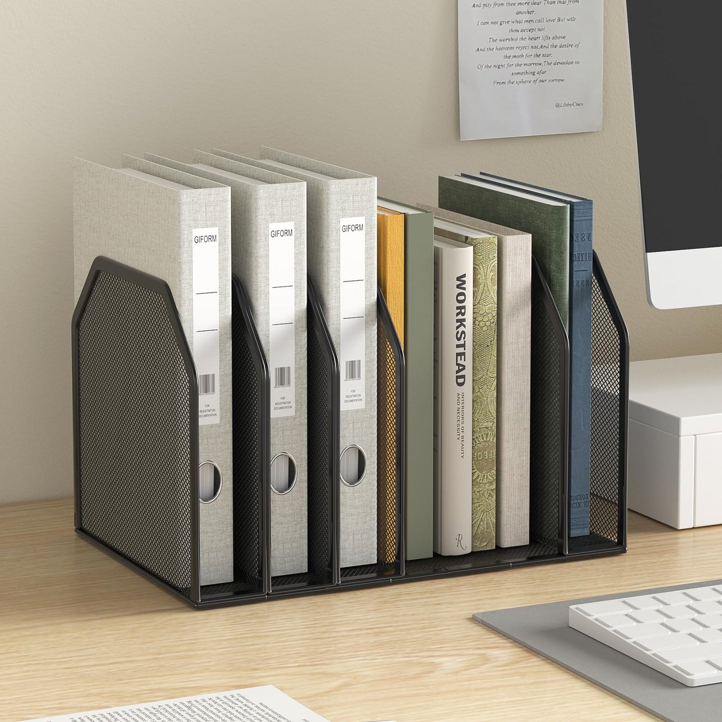 FANXIYQ Metal 7-Section File Folder Organizer for Desk | Vertical Office File Holder | Heavy-Duty Mesh Document Sorter for Books, Binders, Laptops | Black Desk Organizer (12.8”x8.5”x7.9”)