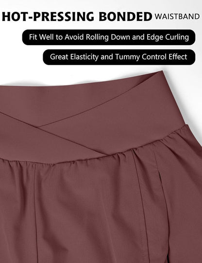 Women's High Waisted Crossover Workout Shorts - Athletic Running Shorts with Zipper Pockets | Comfortable Fit