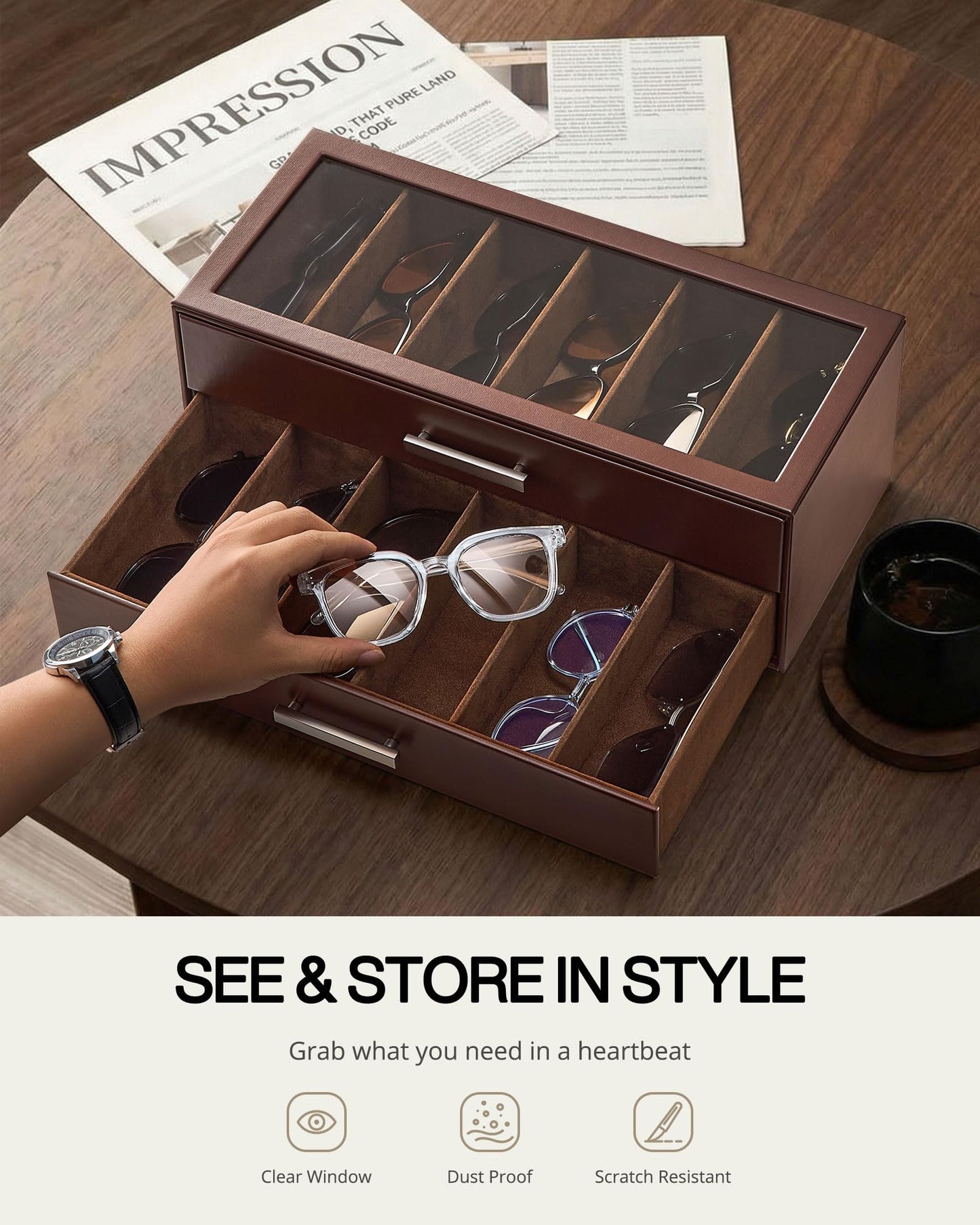 ProCase 12 Slots Sunglasses Organizer, 2-Layer Eyeglass Holder with Clear Glass Lid, PU Leather Glasses Storage Display Case for Men Women -Espresso