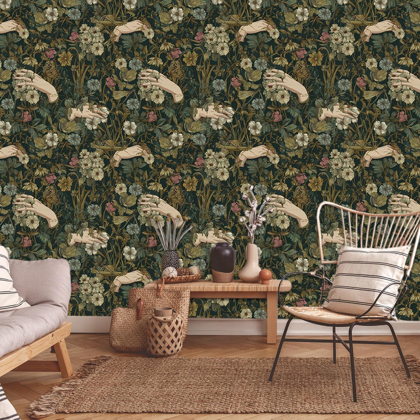 LHIUEM Gothic Flower and Hands Contact Paper Victorian Goth Hands Whimsical Wallpaper Dark Academia Peel Stick Wallpapers(17.3"×118") Boho Whisty Flowers Vintage Wallpaper for Room Wall Cabinet