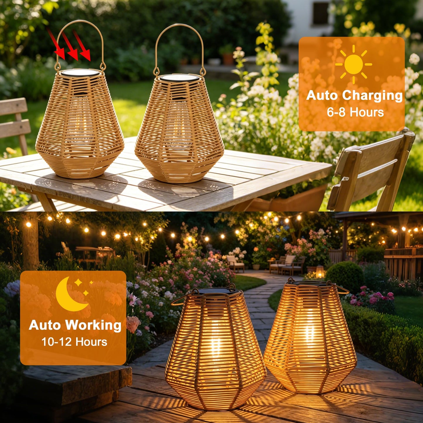 pearlstar Solar Lanterns Outdoor Waterproof 2Pack Rattan Woven Hanging/Table Solar Lights with Warm White Edison Light Bulbs for Patio Yard Garden Outside Boho Decor, Gifts for Mom Women