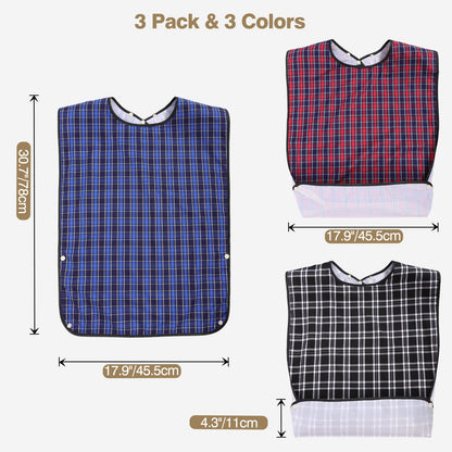 Roylvan Adult Bibs, 3 Pcs Washable Clothing Protector with Crumb Catcher for Eating, Reusable Waterproof Large Feeding Adult Bibs for Men Women Elderly Senior, Black/Red/Blue