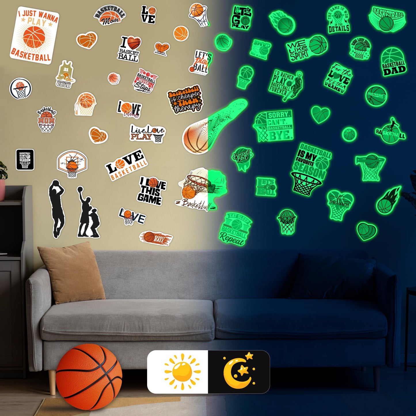 Glow in The Dark Cool Basketballs Wall Decals, Love Sports Stickers for Baby Girls Boys Room, Luminous Ceiling Decor for Bedroom Playroom Nursery