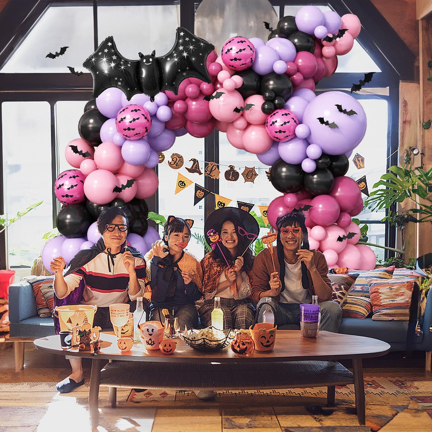 Halloween Balloon Arch Kit 102Pcs Hot Pink Purple Black Balloon Garland with Halloween Bat Foil Rose Red Balloons for Trick or Treat Day of the Dead Spooky Boo Ghost Haunted House Party Decorations