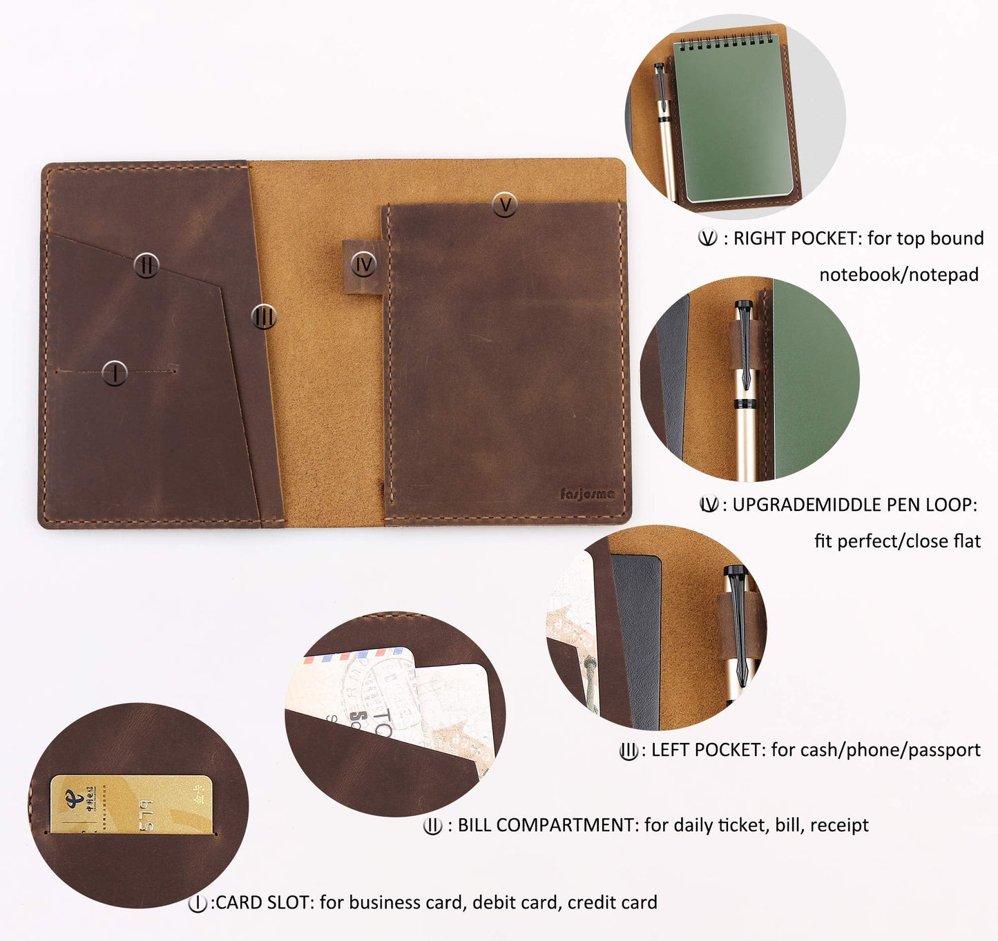 Fasjosma Leather Cover Compatible with Rite in the Rain & Rocketbook Mini Notebooks, Top Bound Spiral Notebook Cover, Leather Cover for 4'' x 6'' Pocket Notepad With Pen Holder - Brown