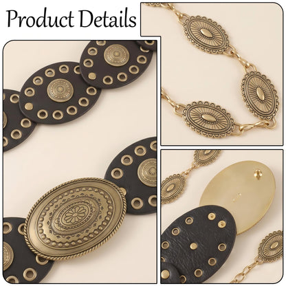 COSUCOS 2 Pcs Boho Belt for Women, Vintage Bohemia Gold Waist Chain Belt and Black Western Cowgirl Cowboy Disc Concho Leather Belt for Dress Jeans Country Concert Outfit