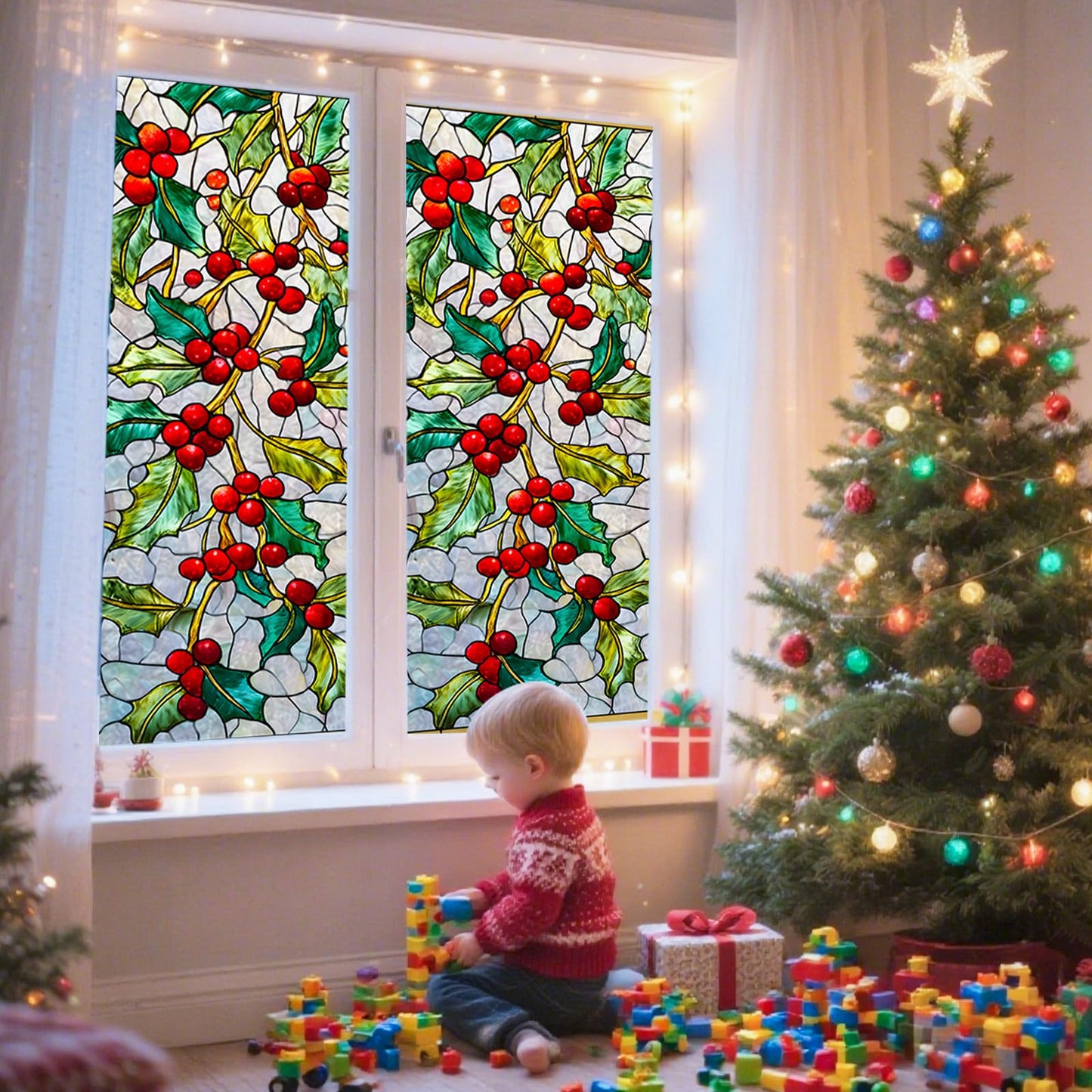 Nuxovilar Stained Glass Christmas Window Films, 17.5×39.7inch, Holiday Static Decorations for Seasonal Ambiance in Living Room, Office or Storefront - Red Mosaic Christmas Tree with Gold Star -Sparkle