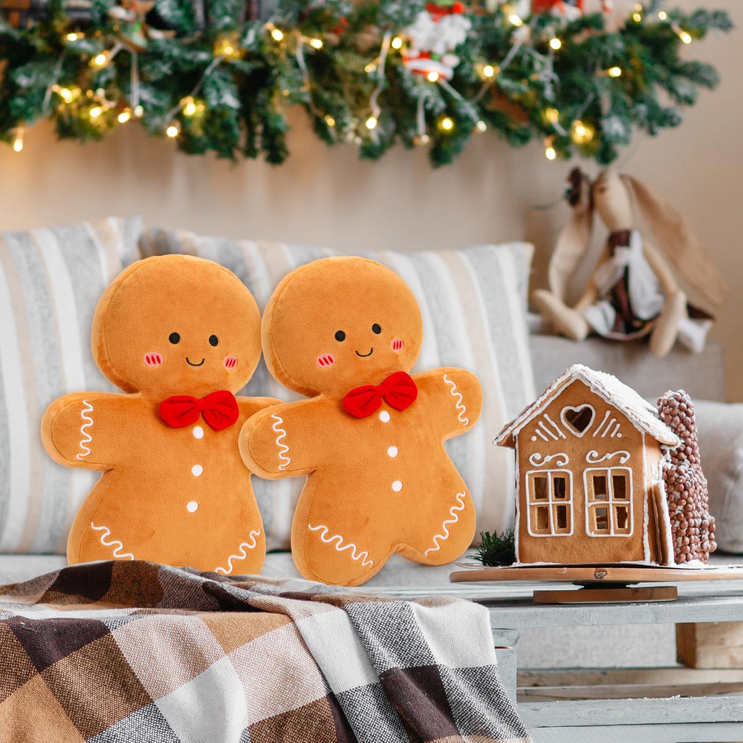 Whaline Christmas Gingerbread Throw Pillows 15.7 in Decorative Cute Stuffed Gingerbread Man Shaped Pillows for Xmas Party Home Couch Cushion, Set of 2