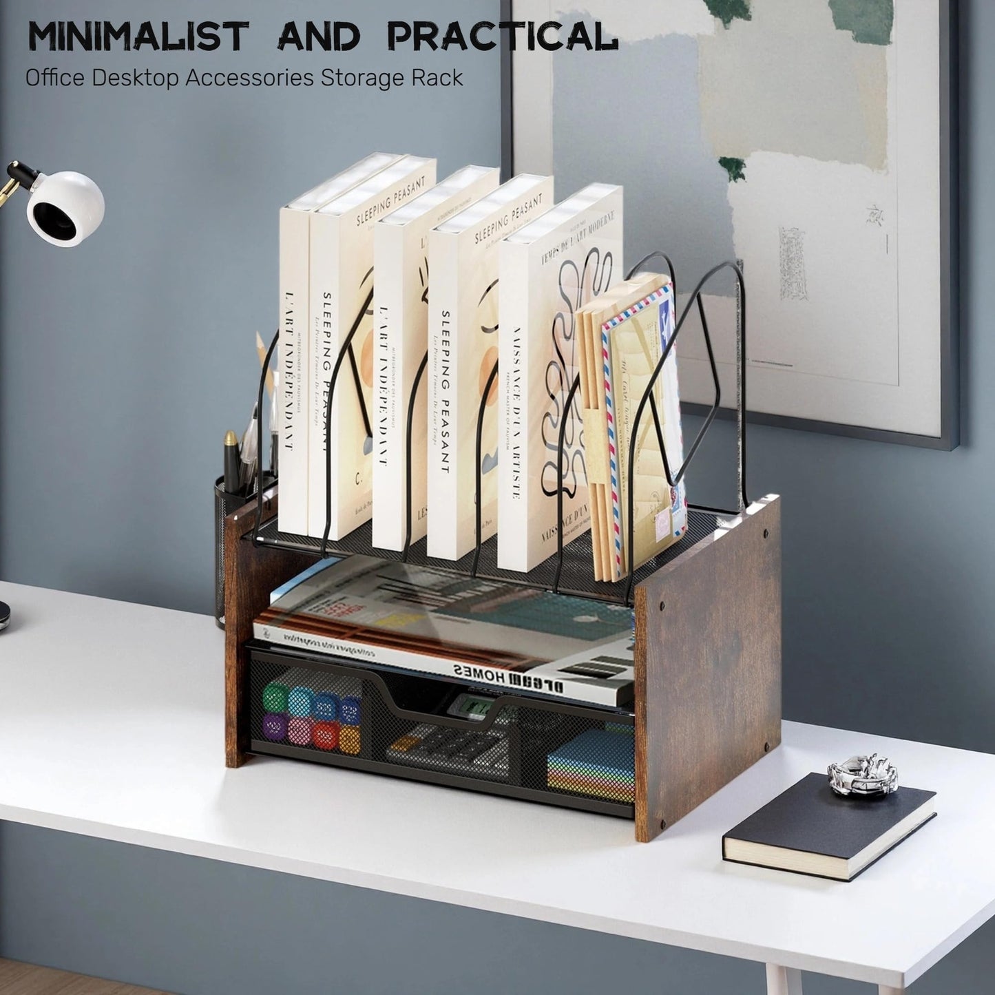 Boershun Wood Desk Organizer - 2-Tier Desktop File Organizer with Drawer with Vertical File Holder, Wooden Paper Tray, Office Desk Organzier and Accessories for Papers, Mail, Notebooks, Stationery