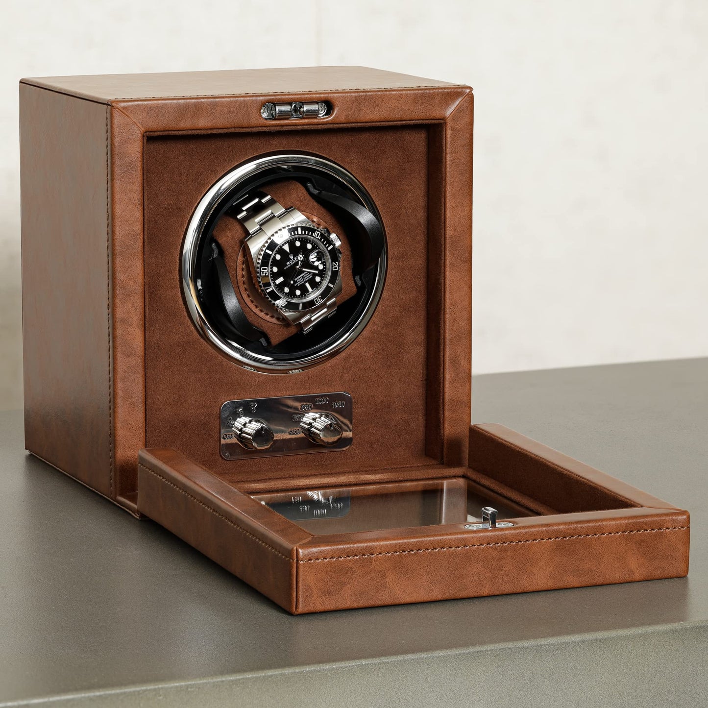 ROTHWELL Single Watch Winder for Automatic Watches with Quiet Motor with Multiple Speeds and Rotation Settings (Tan/Brown)