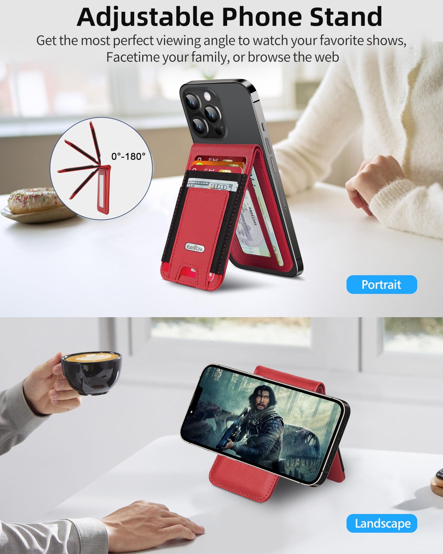 For Magsafe Wallet Stand, Strongest Magnetic Wallet for iPhone 17/16/15/14/13/12 Series, Magnetic Card Holder with Adjustable Stand, ID Window, 10 Cards Holder, Vegan Leather, RFID Blocking, Red