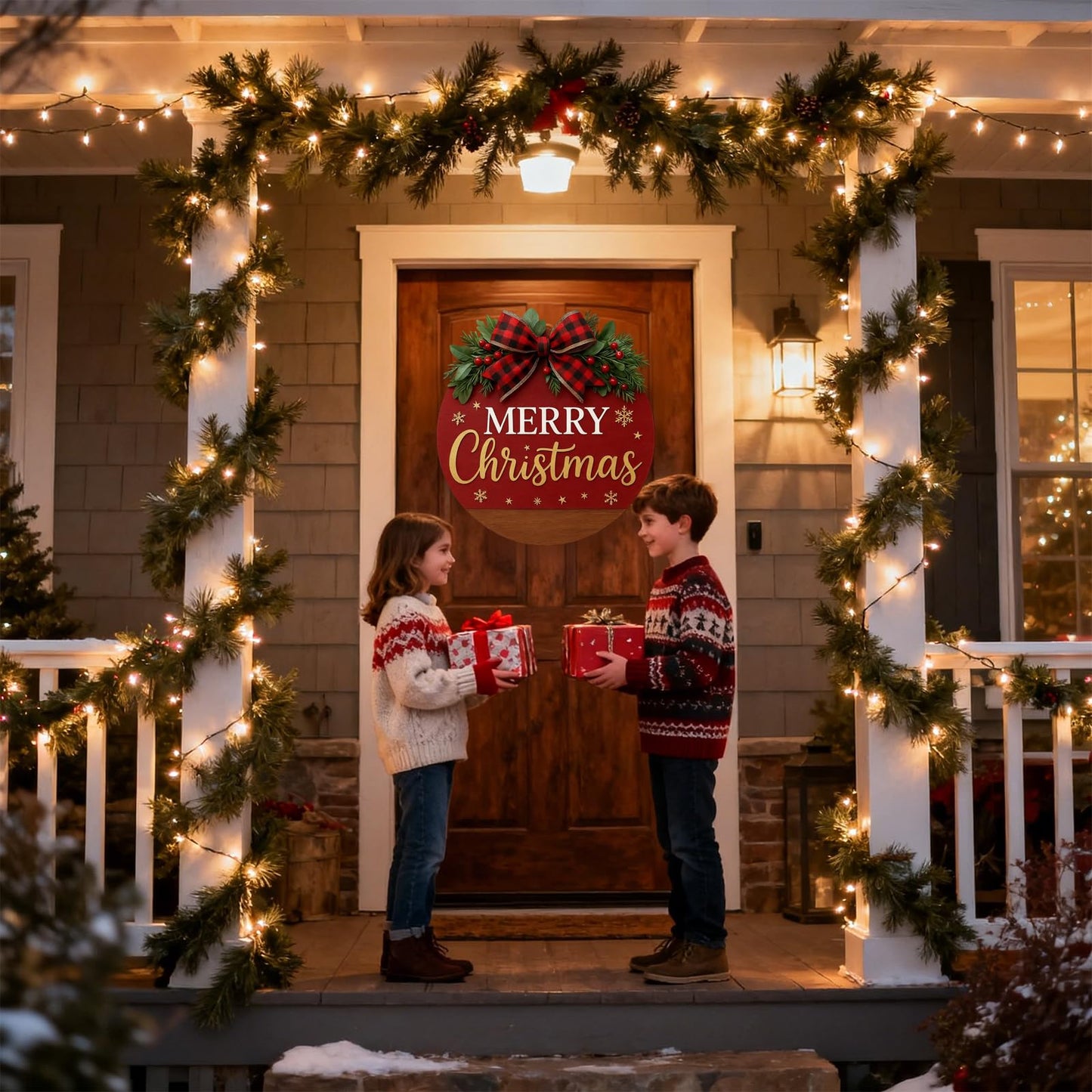 Merry Christmas Wreaths for Front Door - Welcome Door Hanger Sign with Bow, Greenery & Red Berries, for Holiday Rustic Farmhouse Outdoor Wall Windows Decor (Merry Christmas Wreaths)