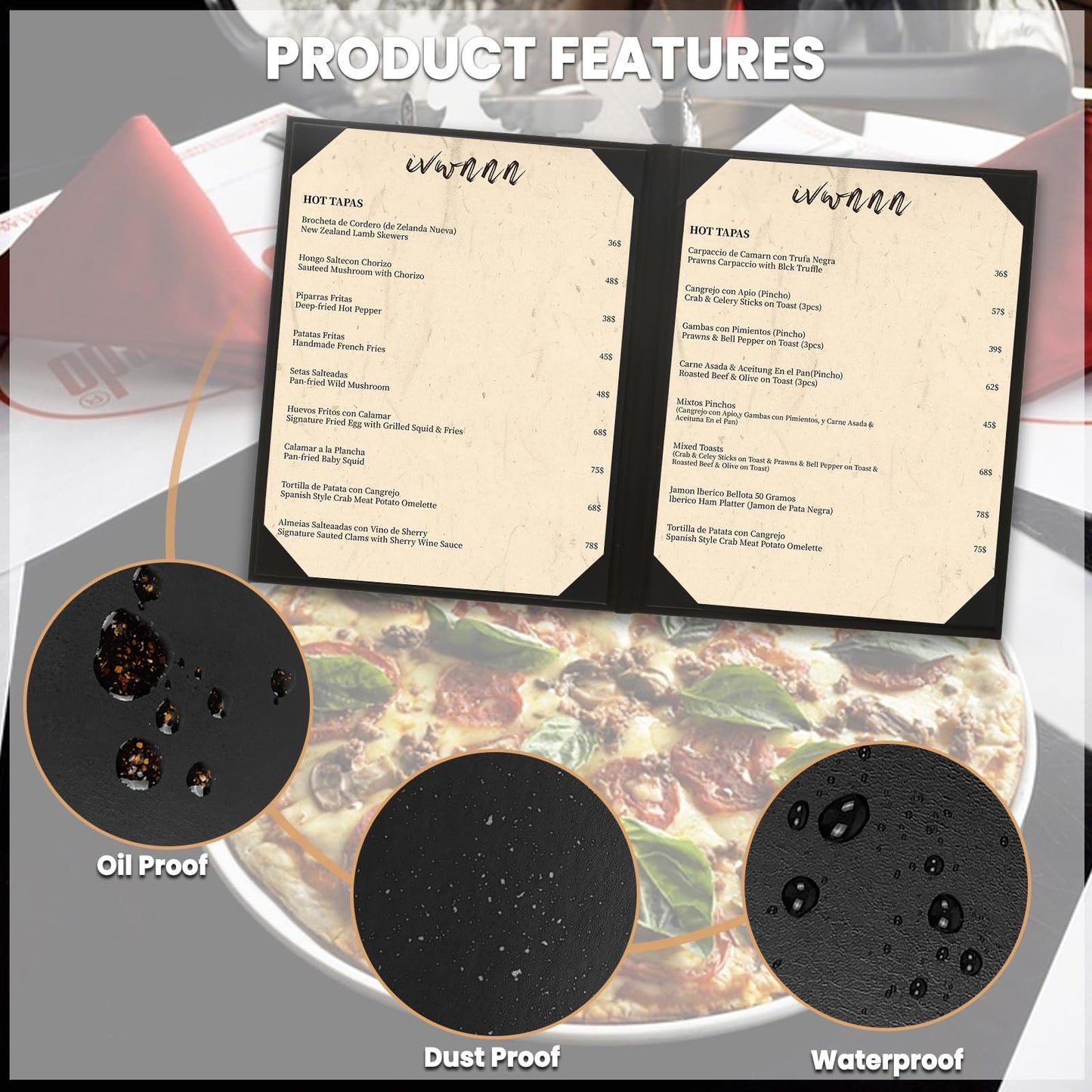 IVWNNN 8.5'' x 11'' Menu Covers 6 Pack Black PU Leather Menu Holders Book Style with Angled Corners Double View Menu Sleeves Easy-Insert Design Waterproof for Bar Cafe Restaurant Menu Covers