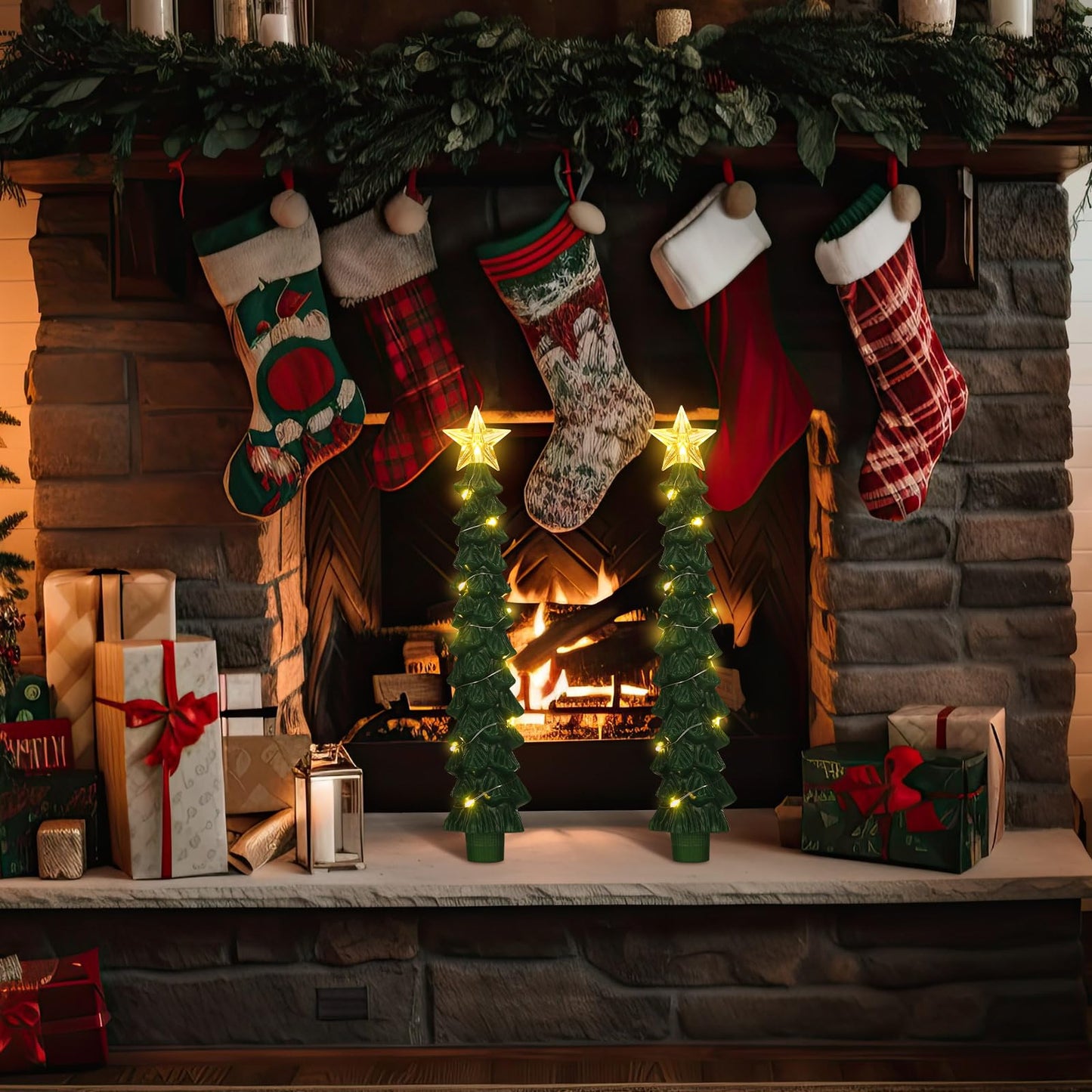 Tujoe 2 Pcs Green Christmas Tree Candles with Remote Flameless Taper Candles Flickering Led Xmas Candlesticks Battery Operated 3D Wick Warm Light for Holiday Winter Table Centerpiece Decorations