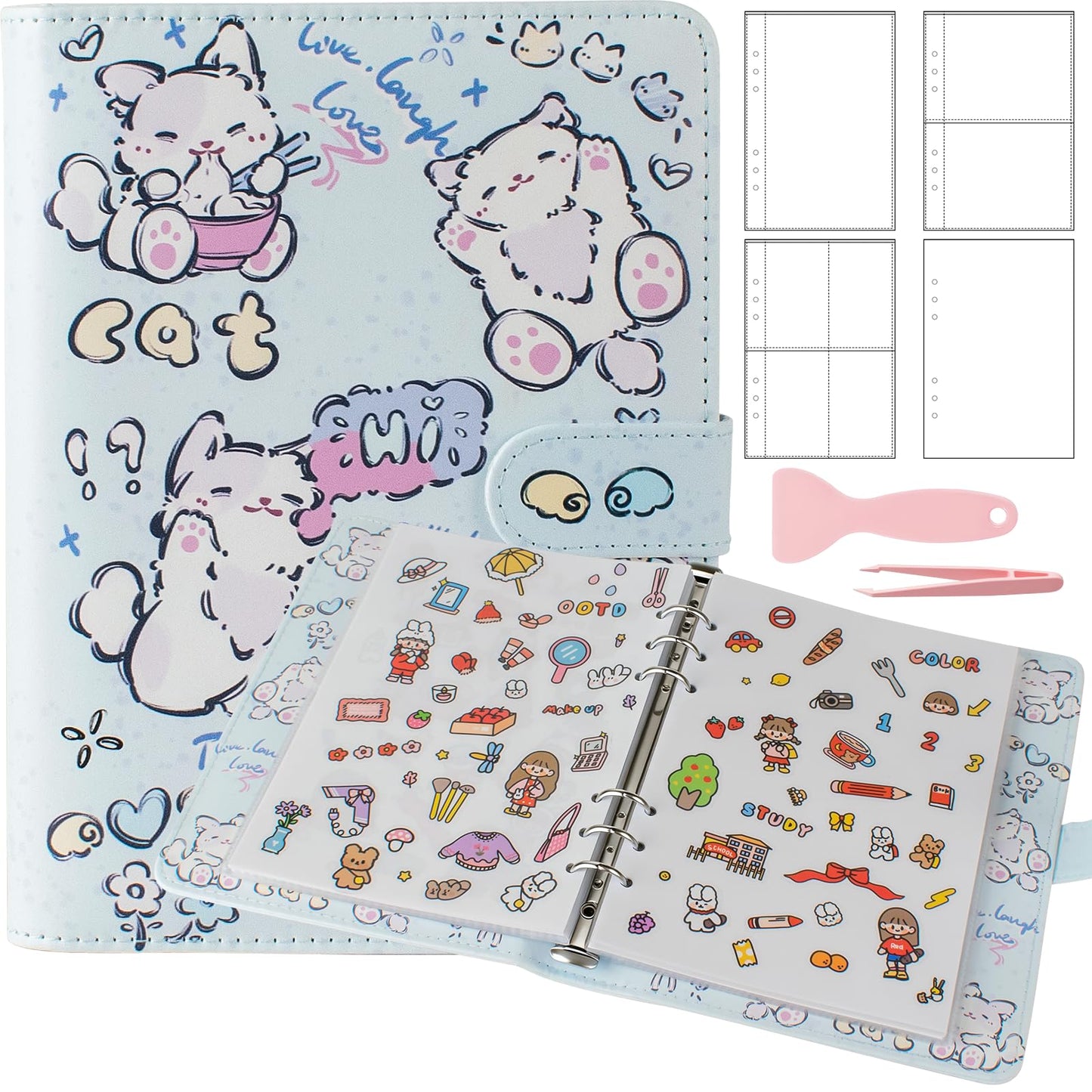 Reusable Sticker Book Collecting,A5 Binder Album Storage Organizer with Blank Release Paper and Pocket for Adult Kids,Cartoon Leather Binder Cover & Magnetic Buckle Closure(Blue)