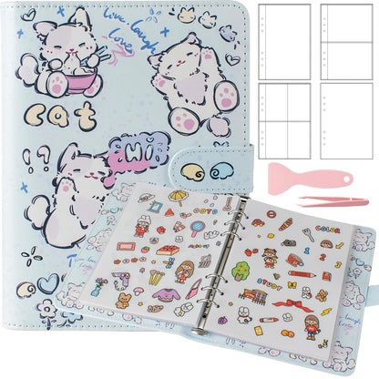 Reusable Sticker Book Collecting,A5 Binder Album Storage Organizer with Blank Release Paper and Pocket for Adult Kids,Cartoon Leather Binder Cover & Magnetic Buckle Closure(Blue)
