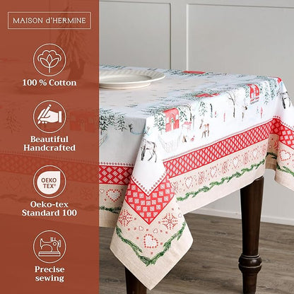 Maison d' Hermine Table Cloth Rectangle Table 100% Cotton 70 x 108 Inches Fall Tablecloth Reusable Everyday Use for Thanksgiving Christmas Decorations Dining Farmhouse Party (Rural Christmas)