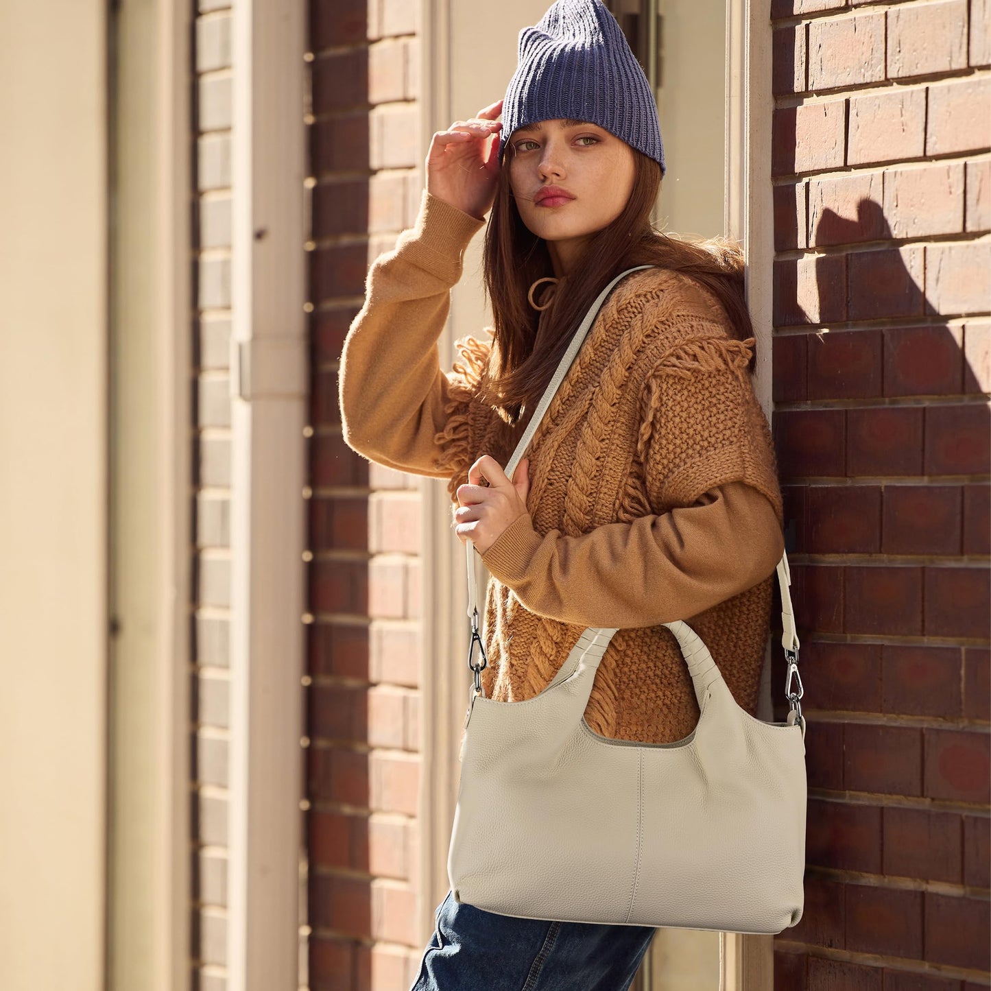 Iswee Genuine Leather Purse Cross Body Shoulder Bags for Women Purses and Handbags Satchel Designer Pocketbooks Hobo Medium Size Tote (Beige)