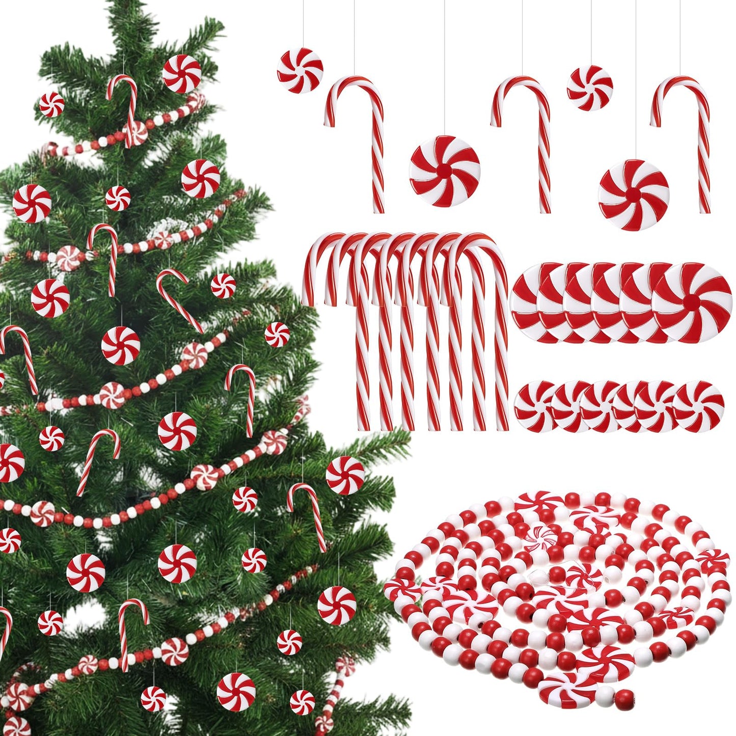 WILLBOND 49 Pcs Christmas Candy Canes Ornament Gift 5 Yards Wired Christmas Ribbon Fake Candy Hanging Ornament with Crystal Wire Red White Stripes Ribbon for Xmas Party Xmas Home Decor(Beaded Garland)
